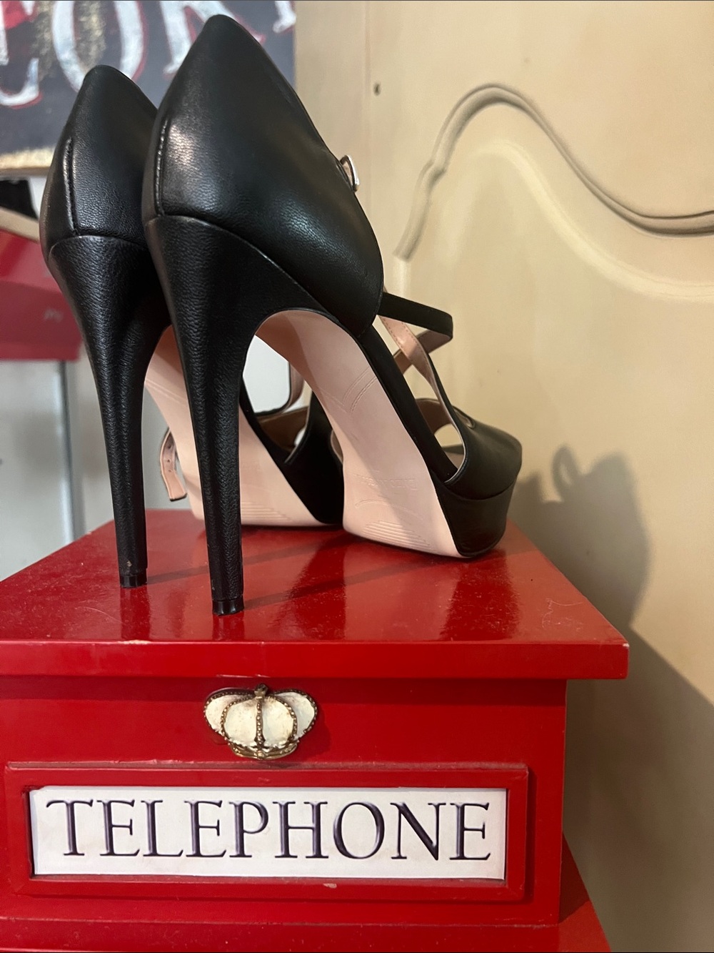 Black Strappy Peep-Toe Leather Platform Heels - Picture 5 of 6